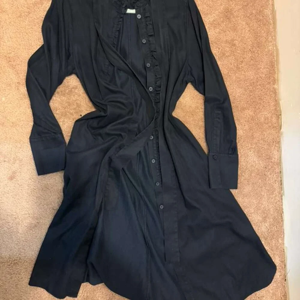 COS Dark Navy Blue Long Shirt Dress | EU34 ~ M | Ruffled Collar | Heavy Cotton - Picture 2 of 7